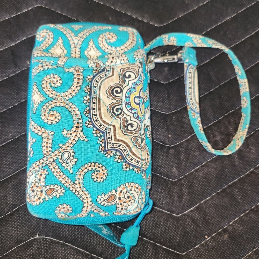 Vera Bradley Aqua Carry It All Wallet Wristlet Phone ID Holder Coin Purse RARE